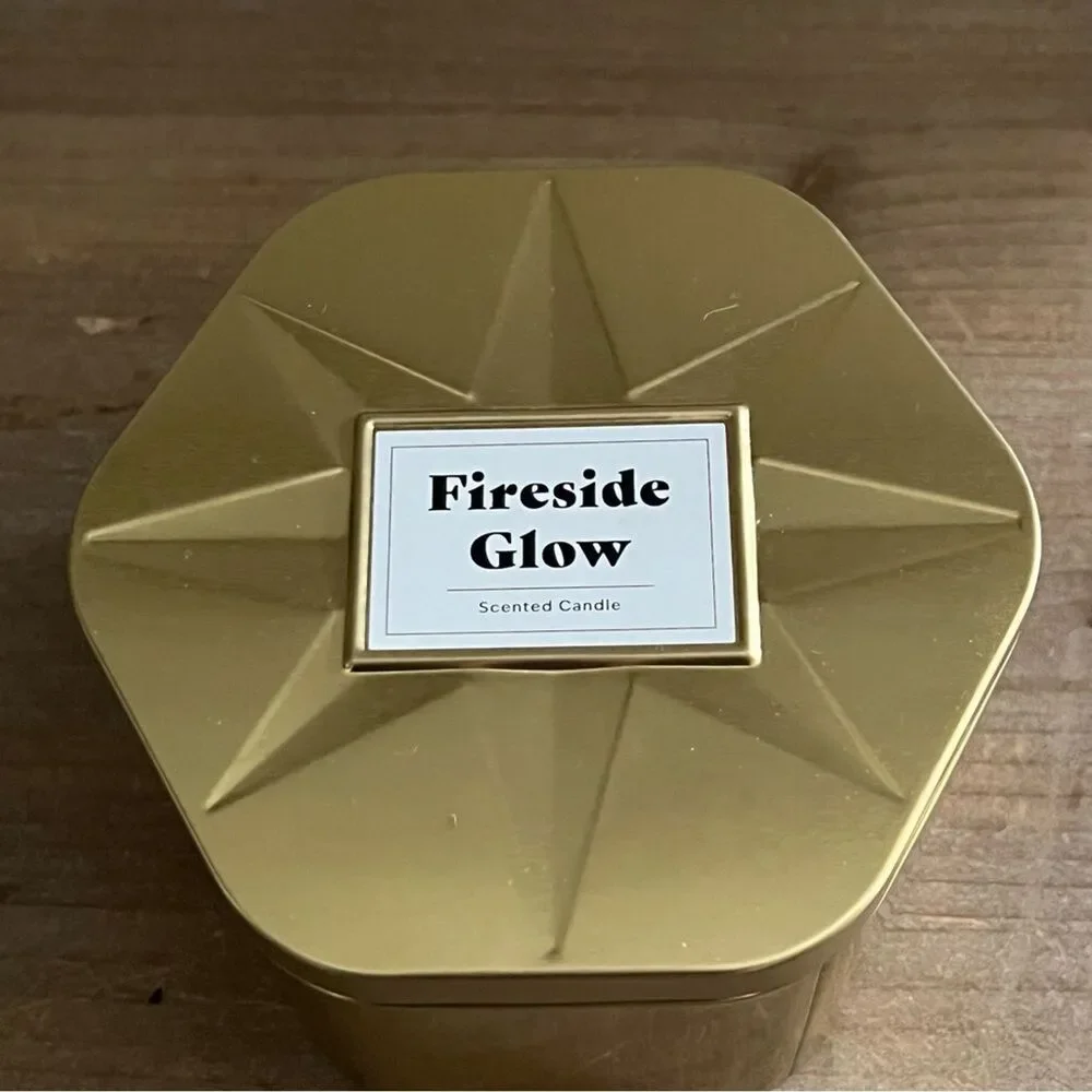NEW Fireside Glow 3 Wick Lidded Metal Tin Candle 18oz Gold Threshold Target